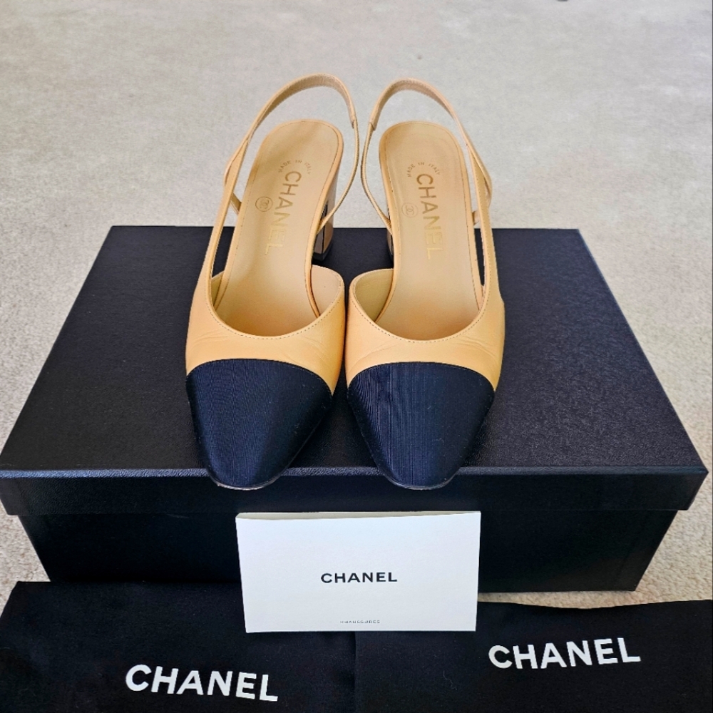 Chanel Beige and Black Slingback Heels